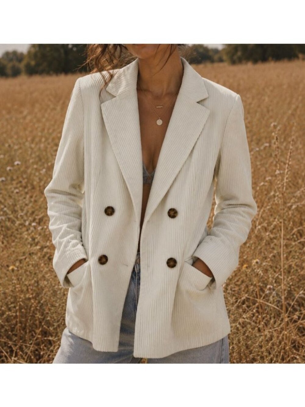 H&M Corduroy Cream Double Breasted Blazer Long Sleeve Size 10 90's Minimalism